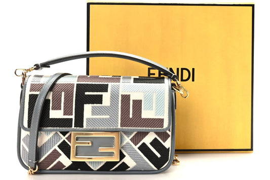 FENDI Canvas Vitello Seta FF Multicolor Embroidered Mini Baguette Multicolor Anice Tortora - Bagistaofficial