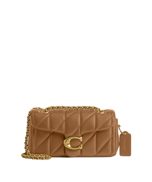 A brown Coach Tabby handbag with a chain strap and gold hardware on a white background.