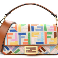 FENDI  Kuban Canvas Vitello King FF Embroidered Baguette Grezzo Multicolor - Bagistaofficial