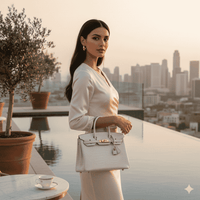 Woman holding a handbag on a rooftop with city skyline in the background