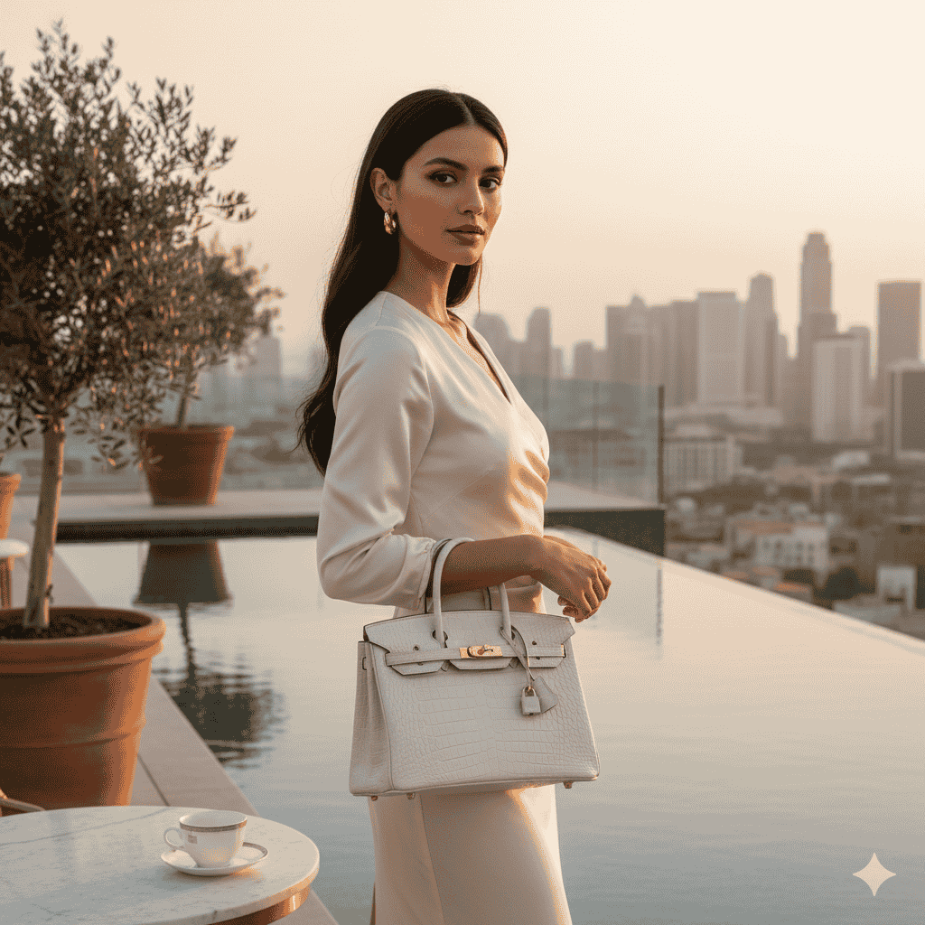 Woman holding a handbag on a rooftop with city skyline in the background