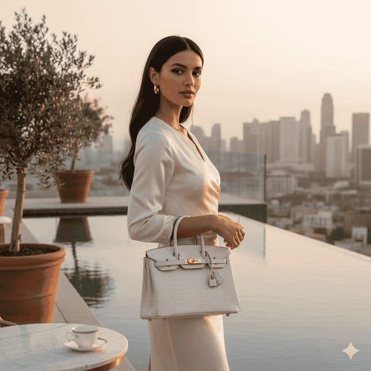 Woman holding a handbag on a rooftop with city skyline in the background
