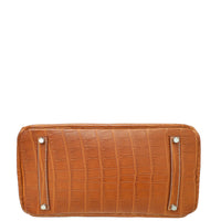 Birkin 25 Brown Croc Effect Leather Handbags Metal Lock Satchel Bags - Bagistaofficial