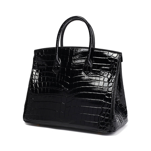 Birkin 25 Black Croc Effect Leather Handbags Metal Lock Satchel Bags - Bagistaofficial