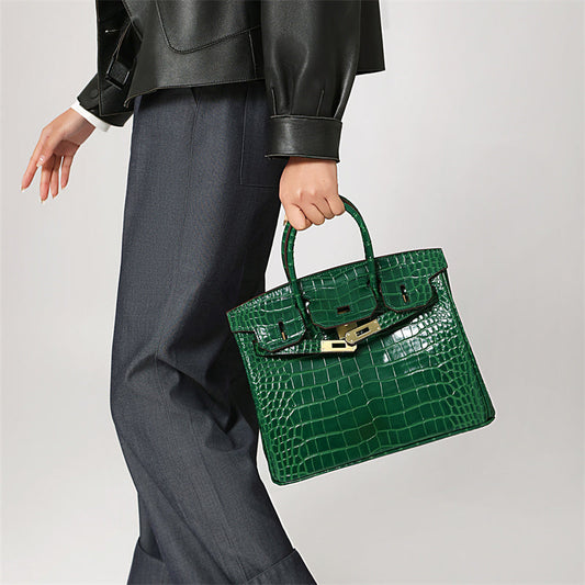 Birkin 25 Dark Green Croc Effect Leather Handbags Metal Lock Satchel Bags - Bagistaofficial